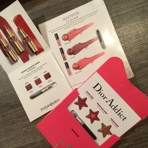 Lipstick, lip color samples: Dior, Yves Saint Laurent, Laura Mercier.